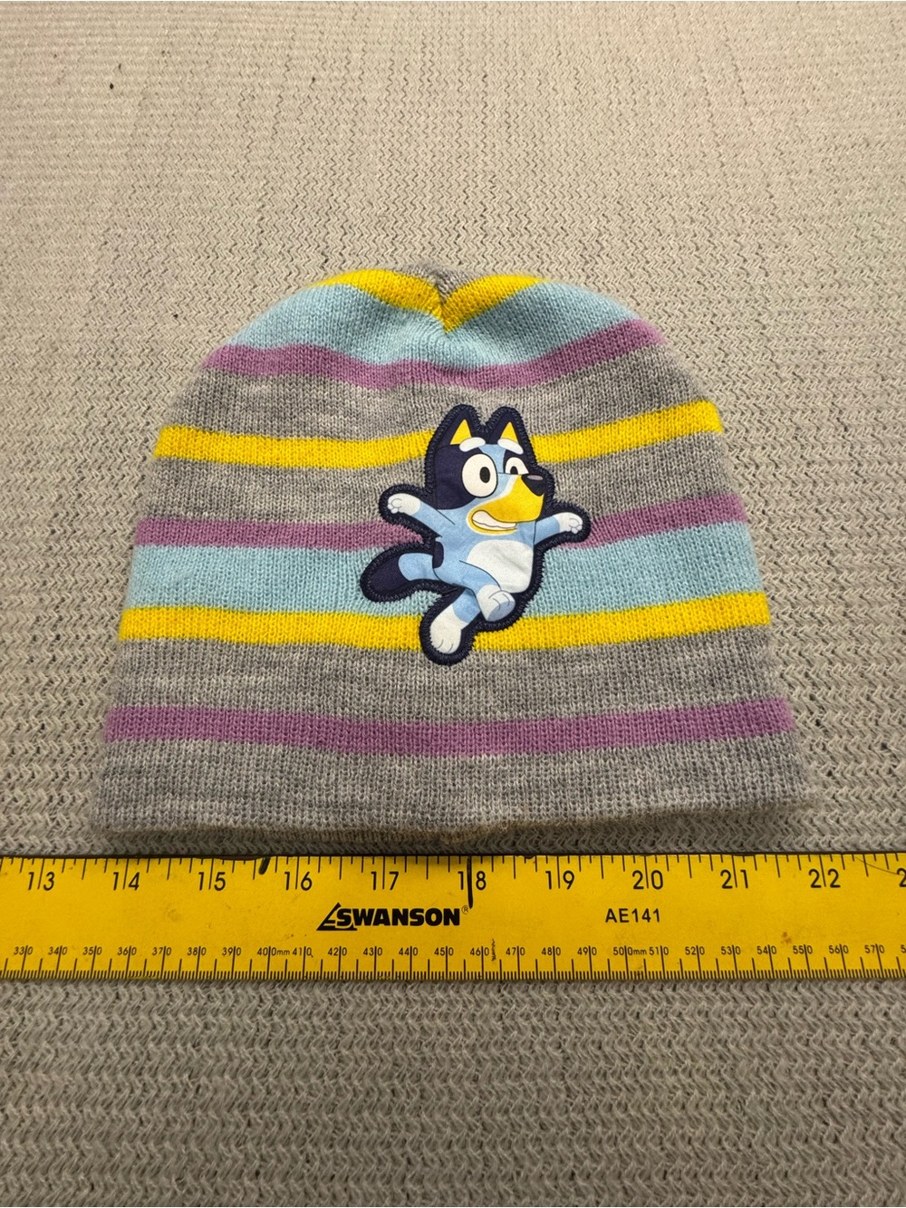 Kids Grey Striped Beanie with Cartoon Blue Dog Patch